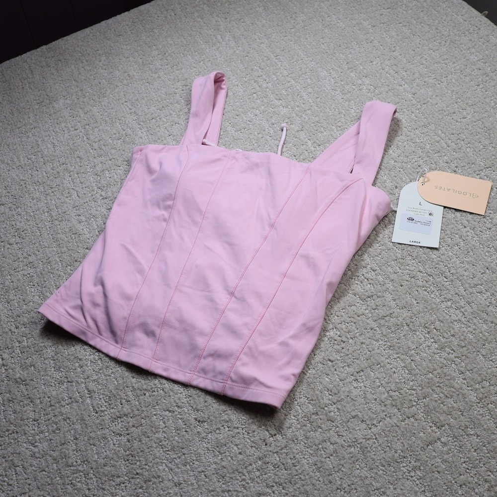 Blogilates Tiny Bows Corset Tank Light Pink Square Neck Wide Strap Top L